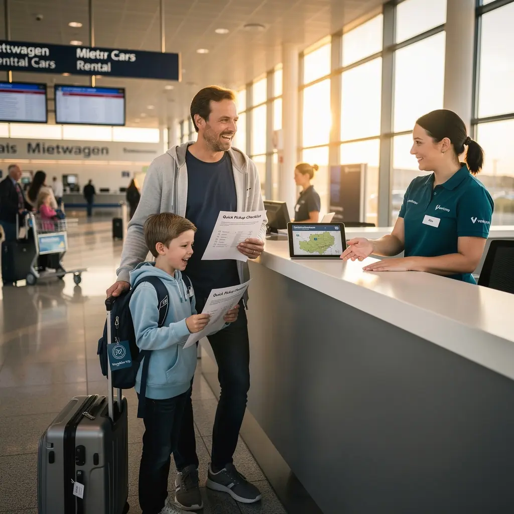 Ein freundlicher Mitarbeiter übergibt die Autoschlüssel an einen Kunden am Flughafen.