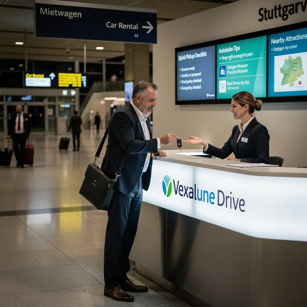 Ein Schild am Flughafen weist auf den Mietwagenservice und die Abholstation hin.