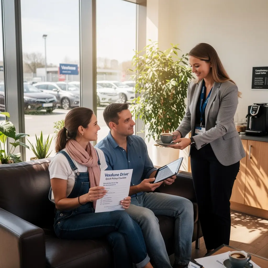 Ein glücklicher Kunde fährt mit einem Mietwagen vom Flughafen in die Stadt.